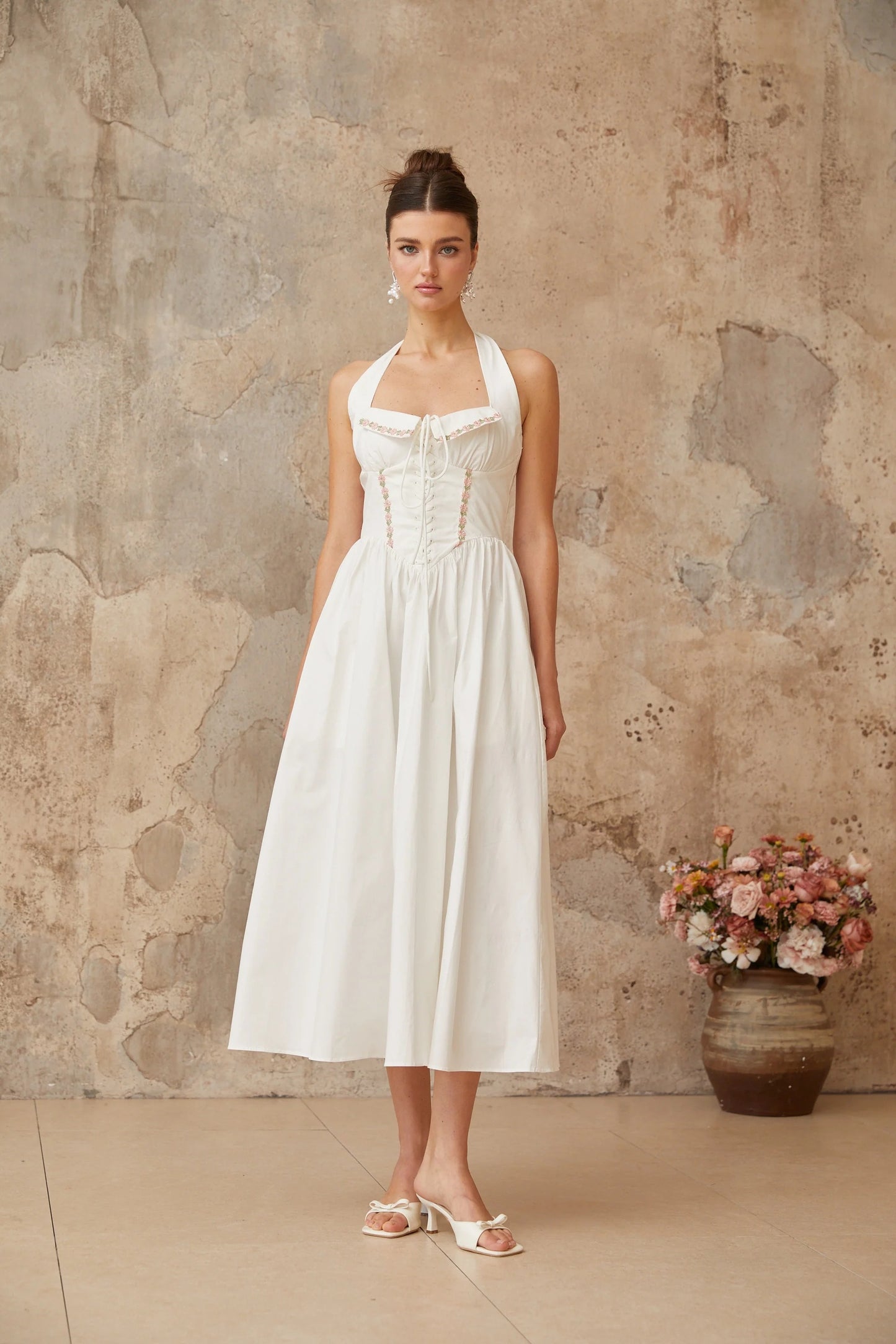 Dulcie White Basque Waist Midi Dress