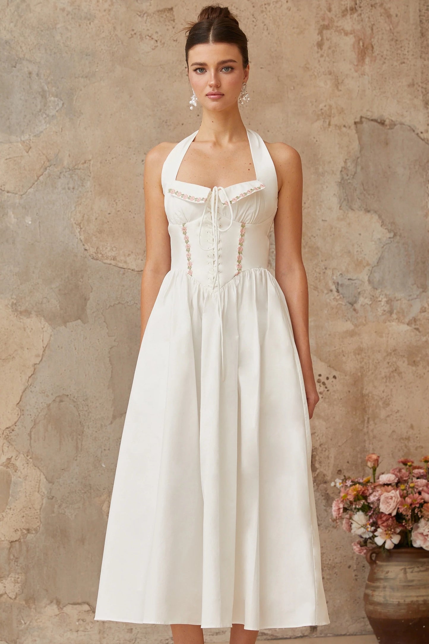 Dulcie White Basque Waist Midi Dress