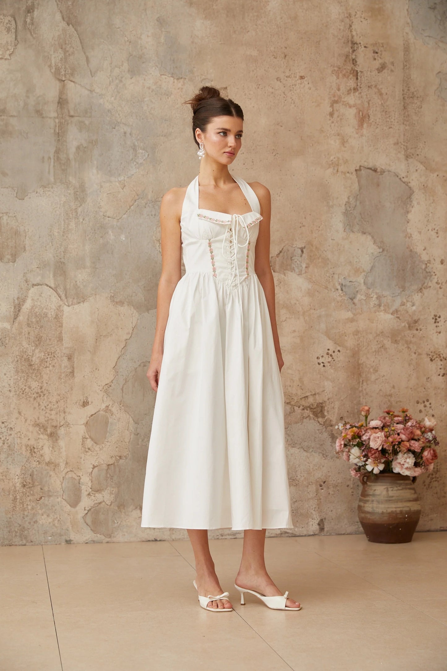 Dulcie White Basque Waist Midi Dress