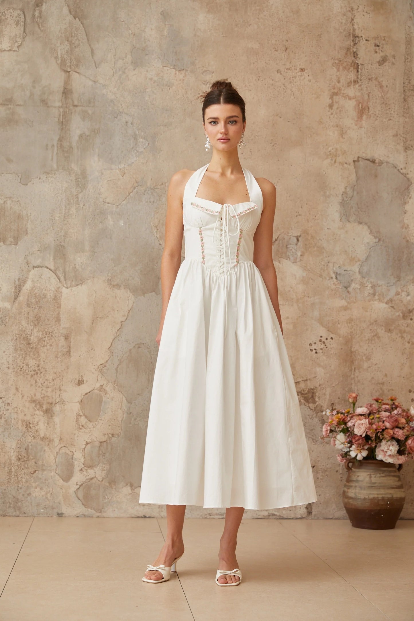 Dulcie White Basque Waist Midi Dress