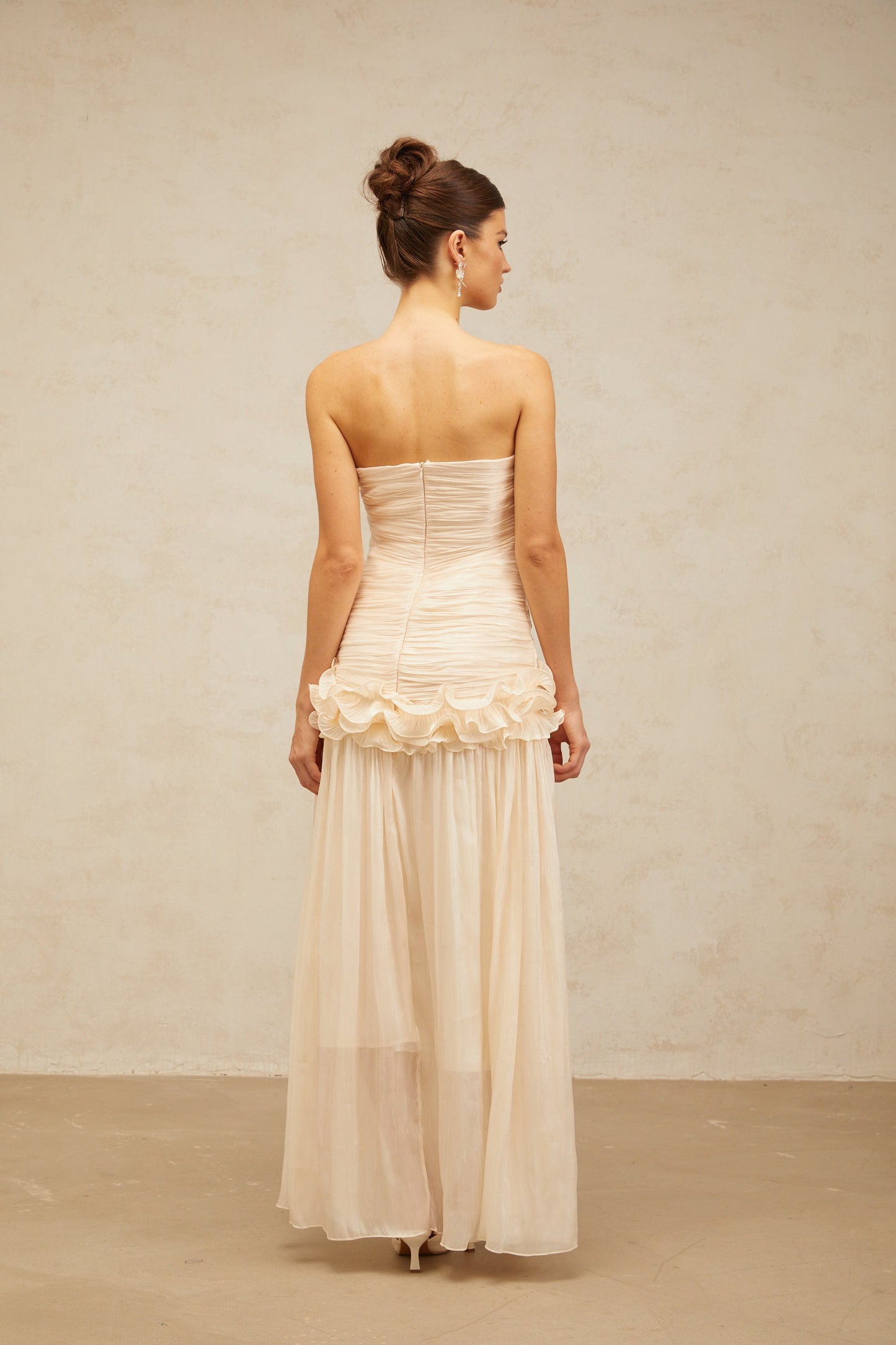 Céleste neutrals ruffled pleated maxi dress