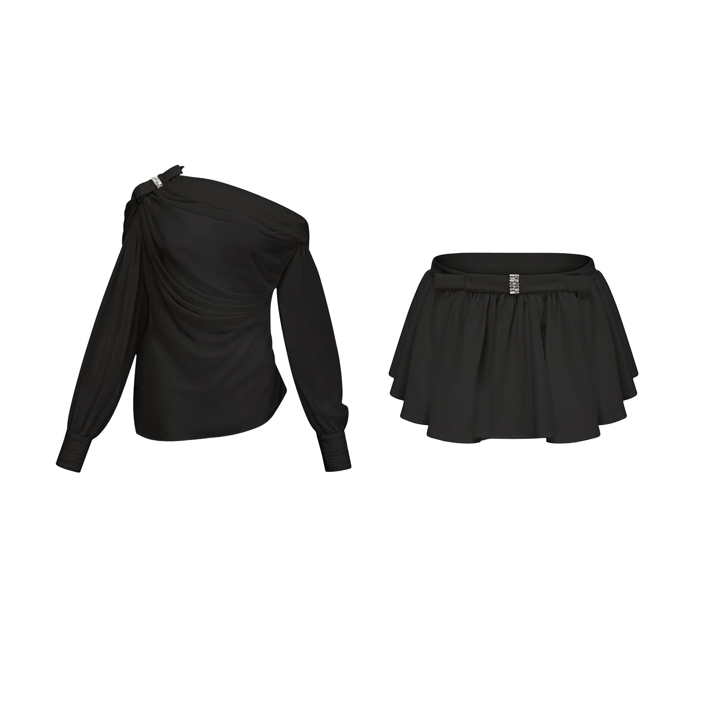 Andrea asymmetric tulle blouse & skirt matching set in Black