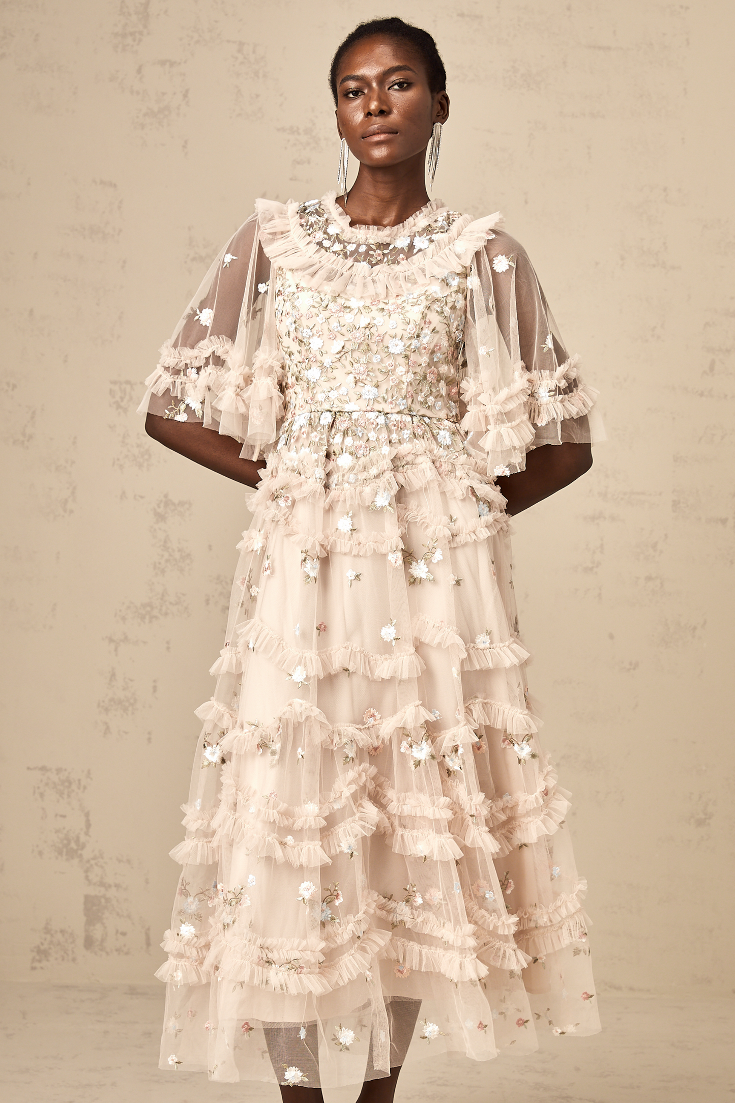 Kévina floral-embroidery tiered ruffled midi dress