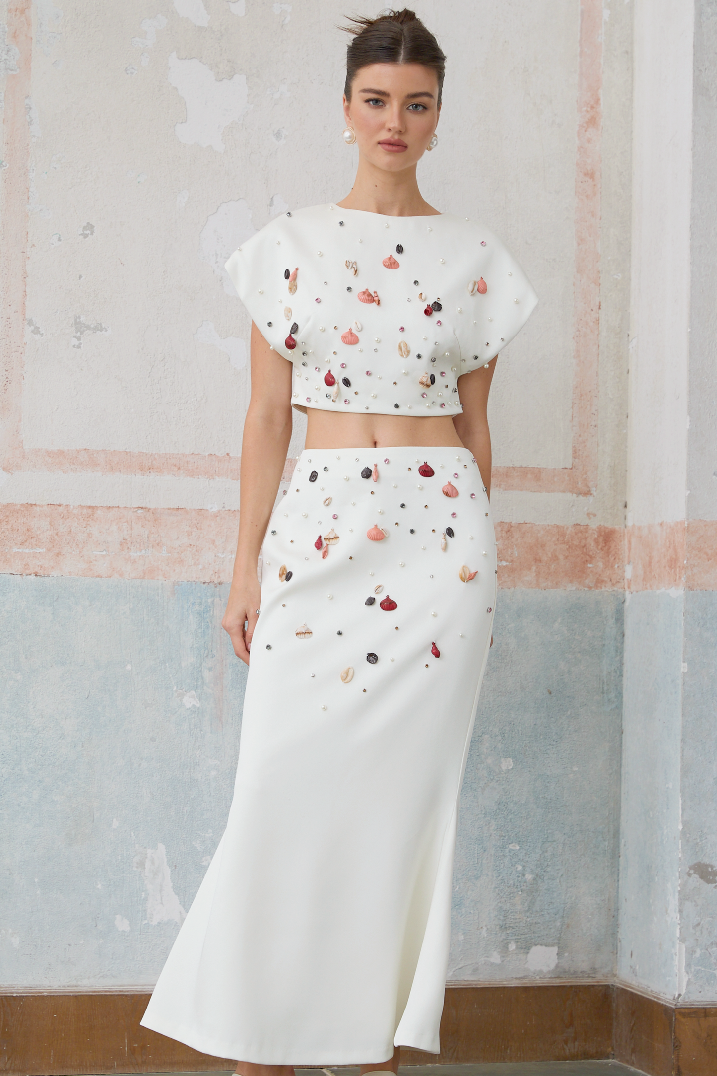 Delphine white shell-embellished top & skirt matching set