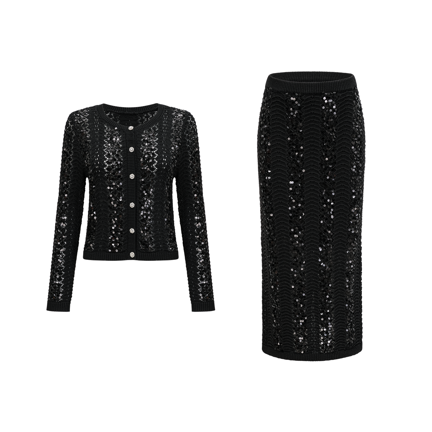 Ophelie black sequined crochet-knit cardigan & skirt matching set
