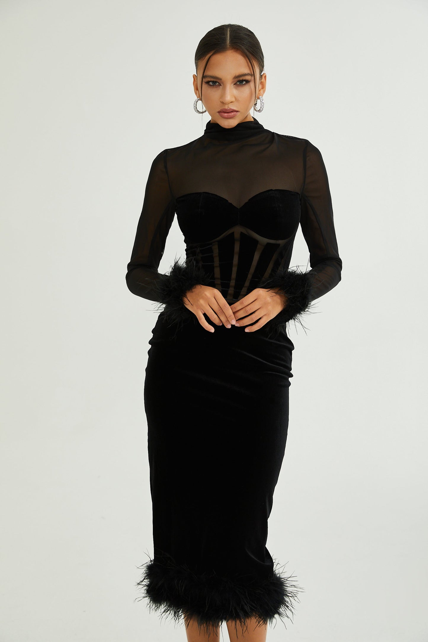 Jeanne feather-trim velvet midi dress (US Only)
