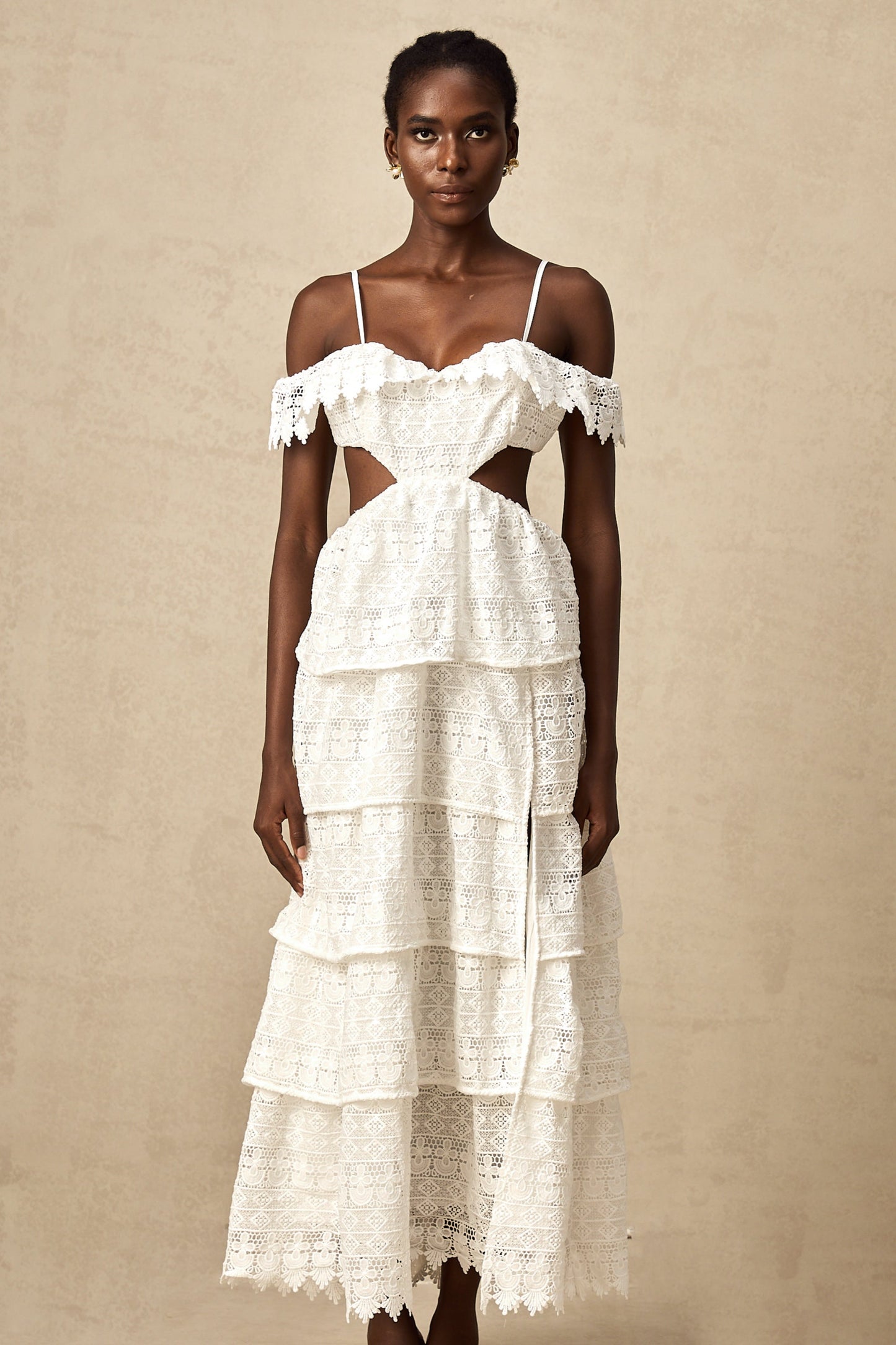 Genevieve white lace open-work maxi dress