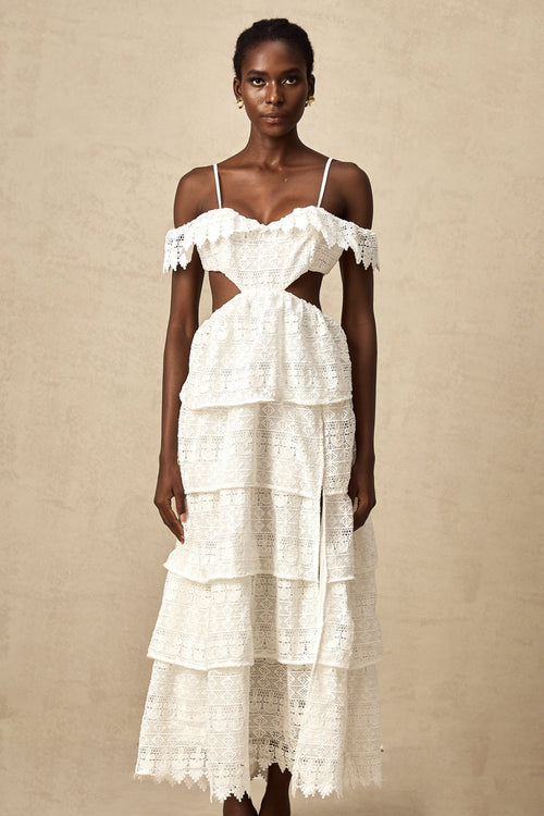 Genevieve white lace open-work maxi dress