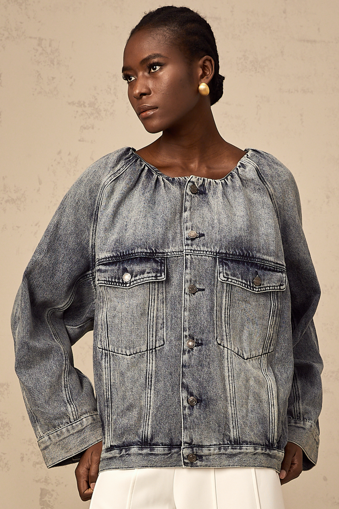 Joëlle blue collarless denim jacket