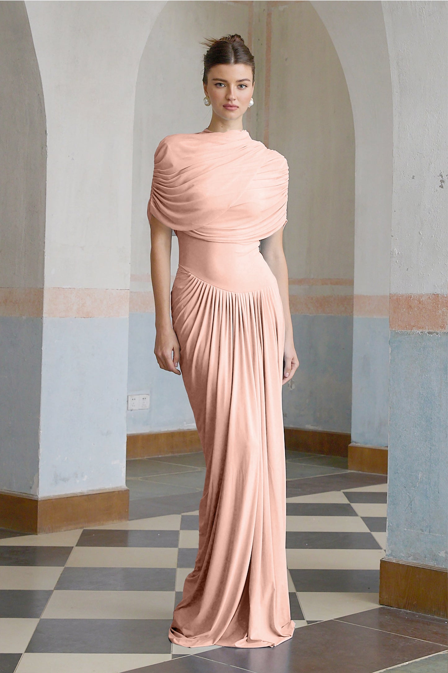 Catherine asymmetric pleated maxi dress in Pink