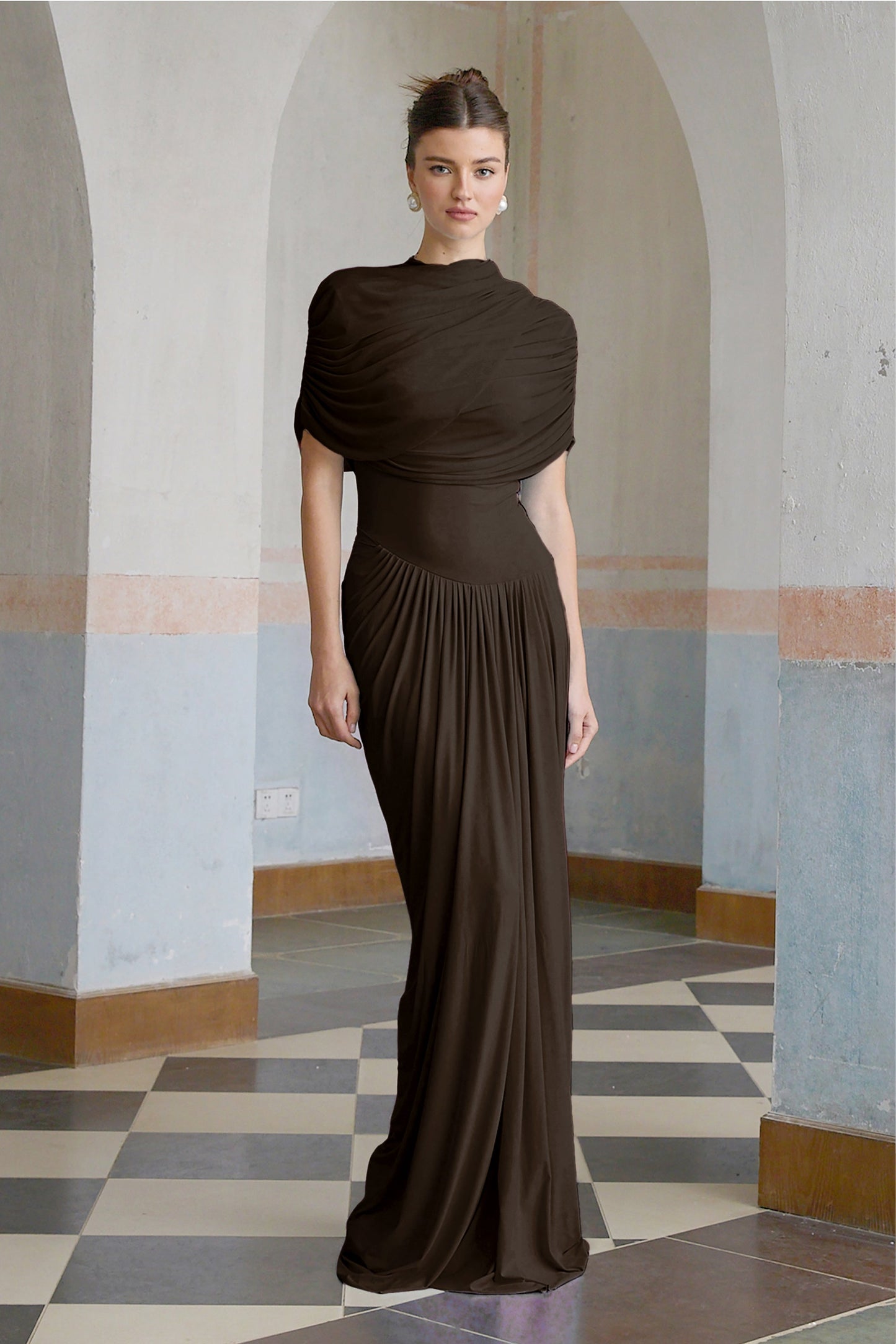 Catherine asymmetric pleated maxi dress in Brown