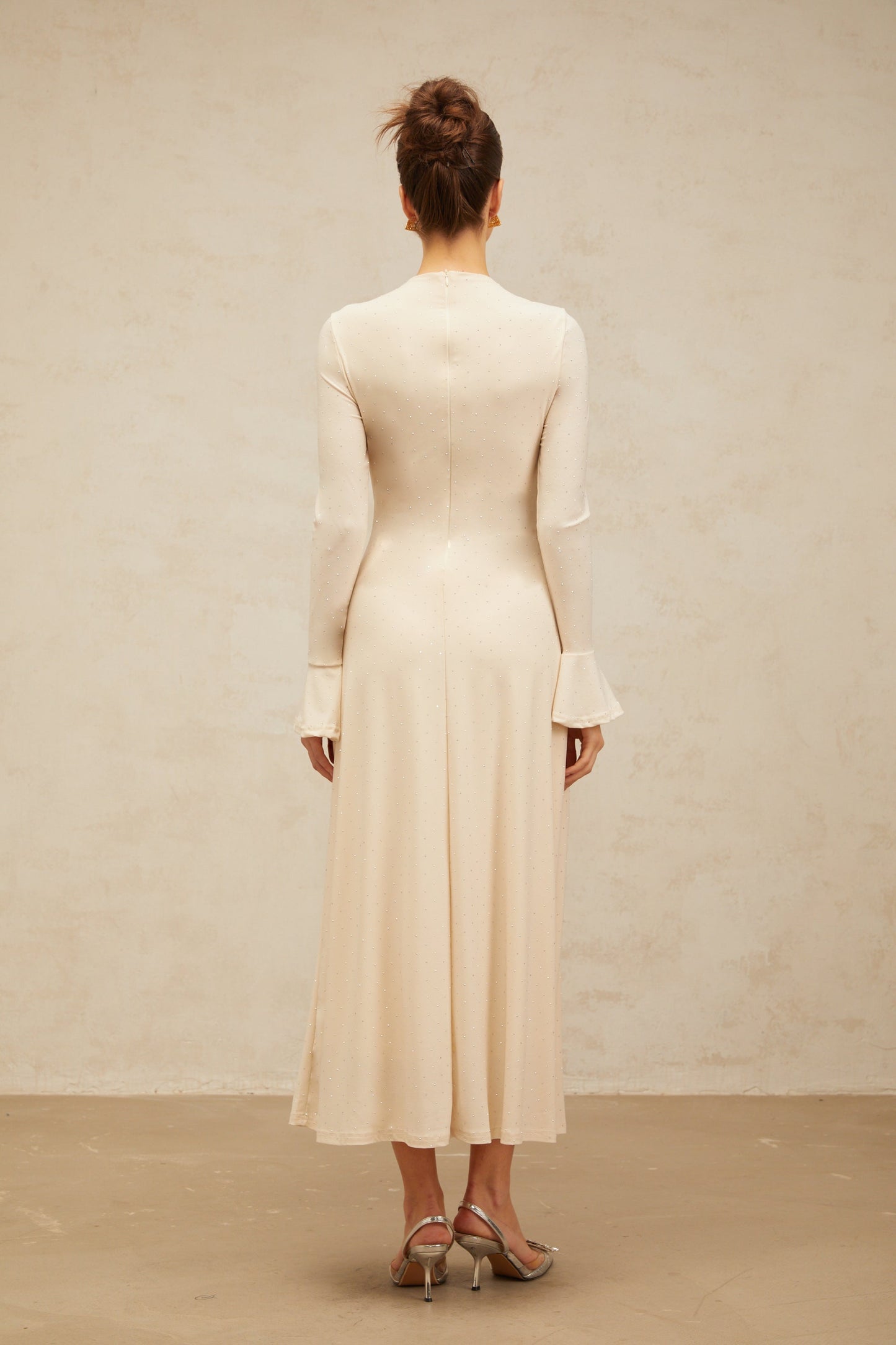 Capucine neutrals cross-over embellished midi dress