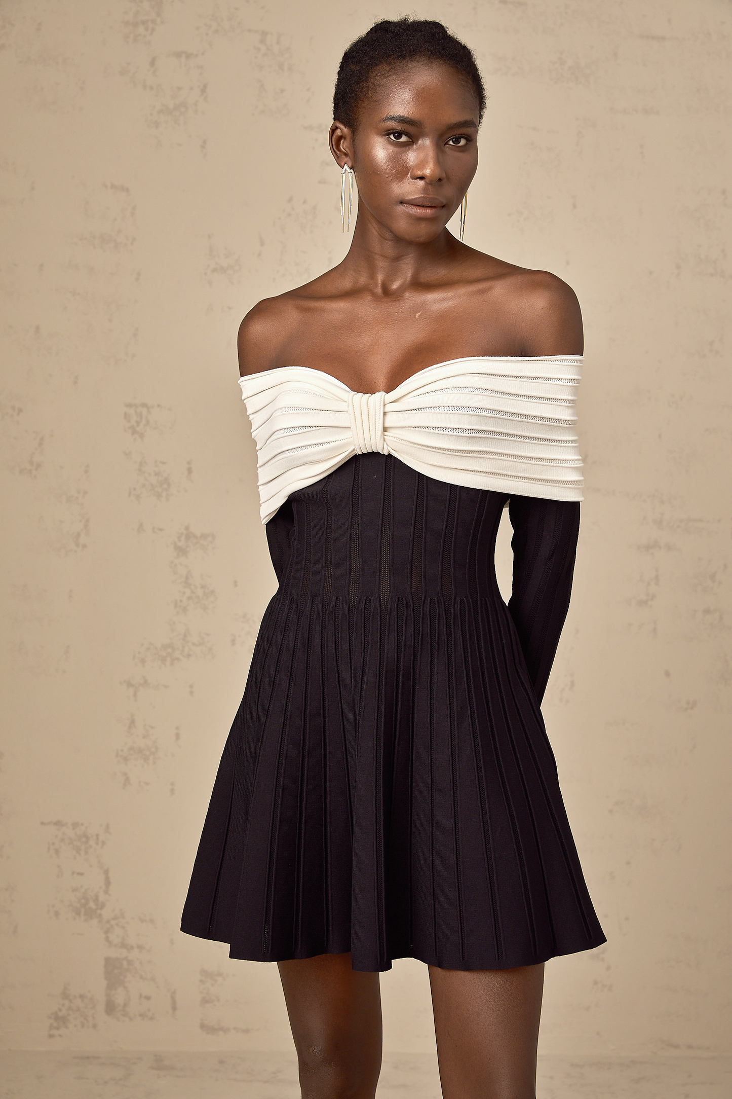 Justine black off-shoulder bow knit mini dress (US Only)