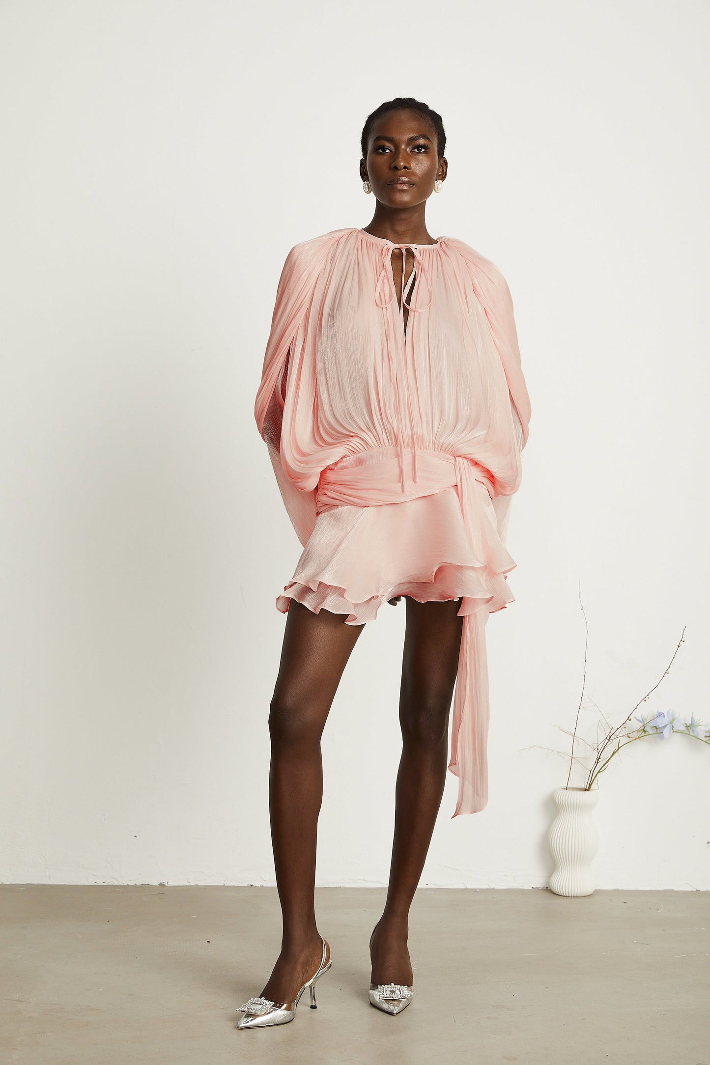 Eugénie fully-pleated ruffled mini dress in Pink