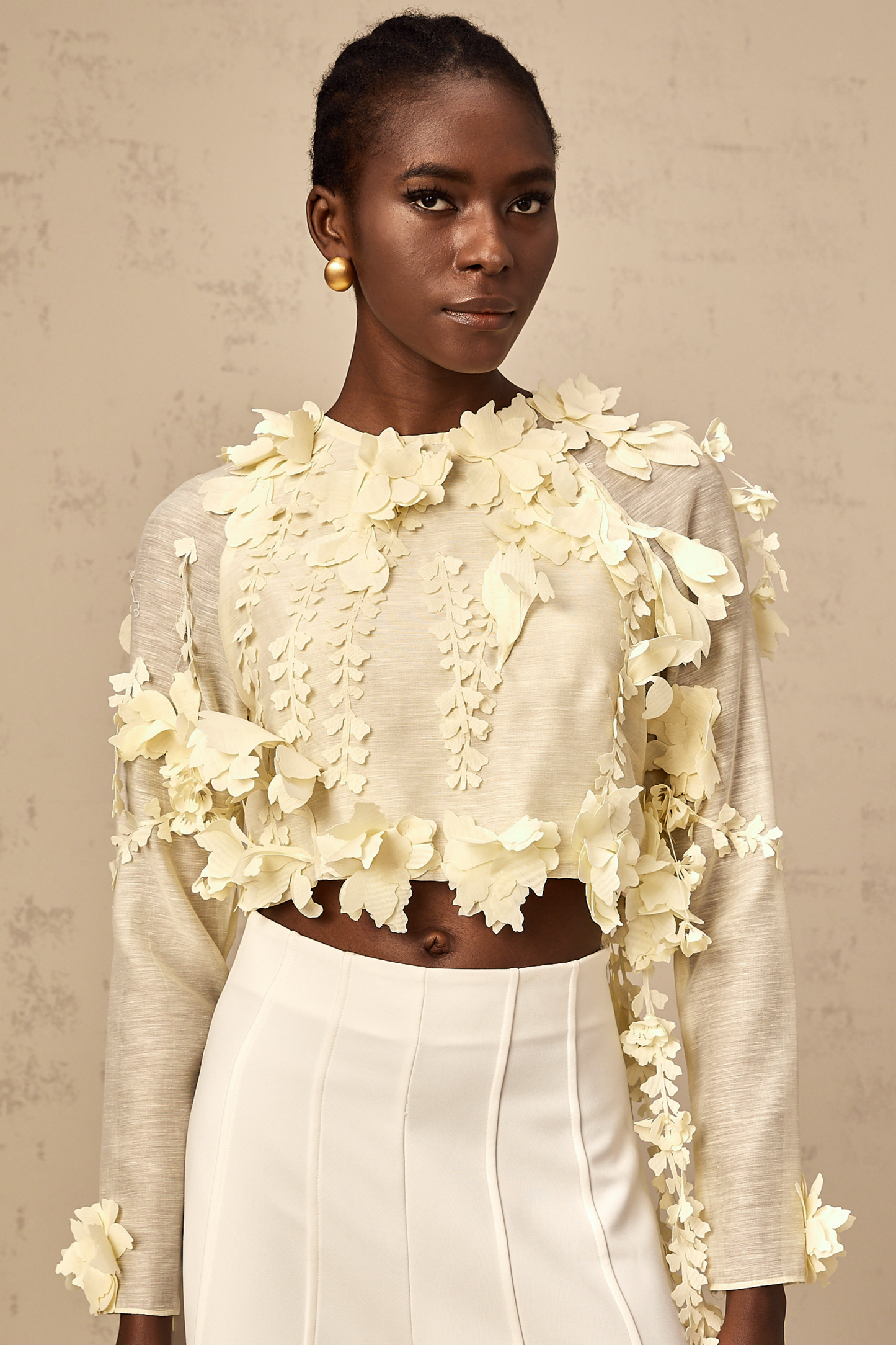 Rosalie light-yellow 3d-petal cropped blouse