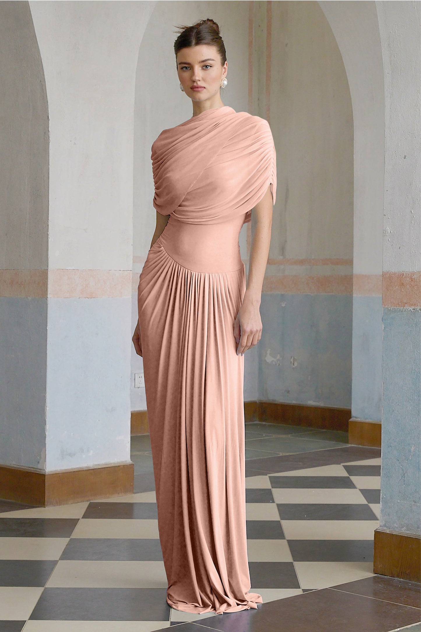 Catherine asymmetric pleated maxi dress in Pink