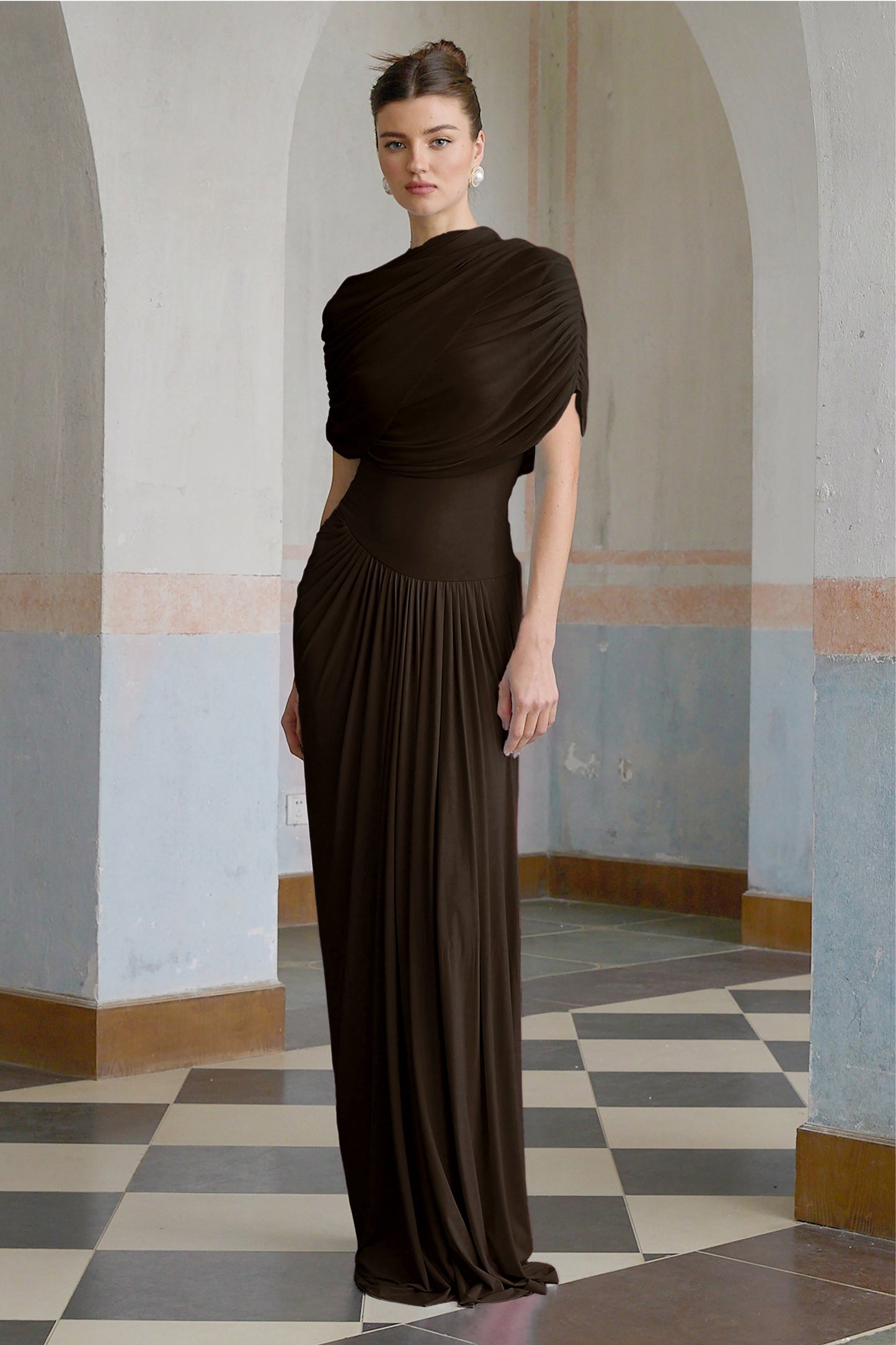 Catherine asymmetric pleated maxi dress in Brown