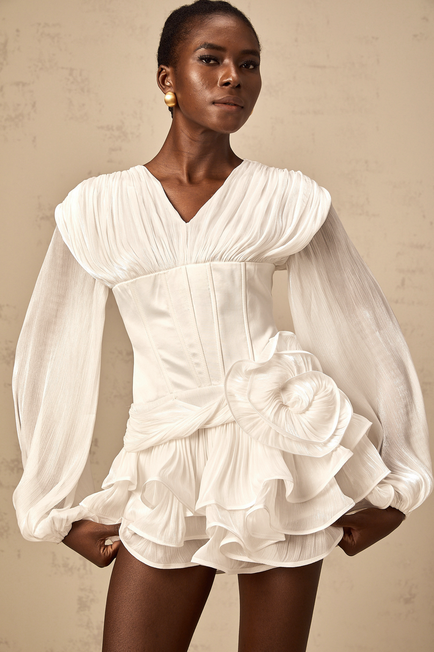 Rosie white fully-pleated cinched mini dress