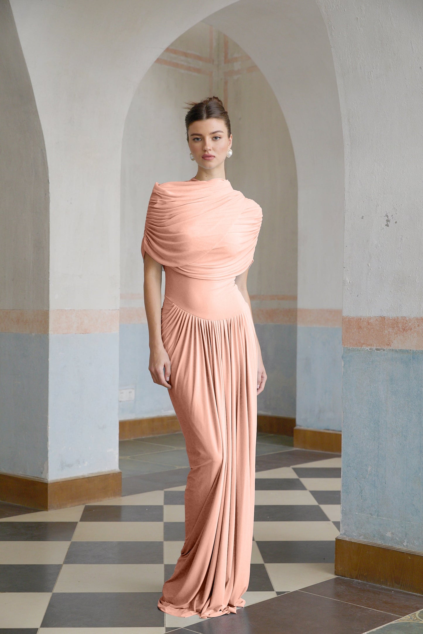 Catherine asymmetric pleated maxi dress in Pink
