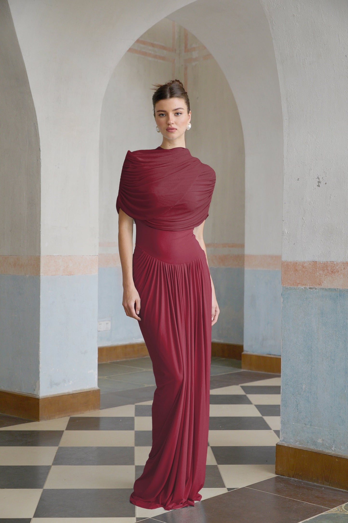 Catherine asymmetric pleated maxi dress in Red