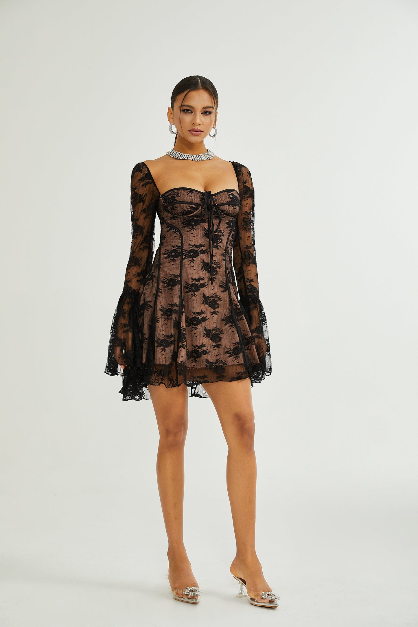 Cyrielle white flared-cuff long-sleeved dress (US Only)