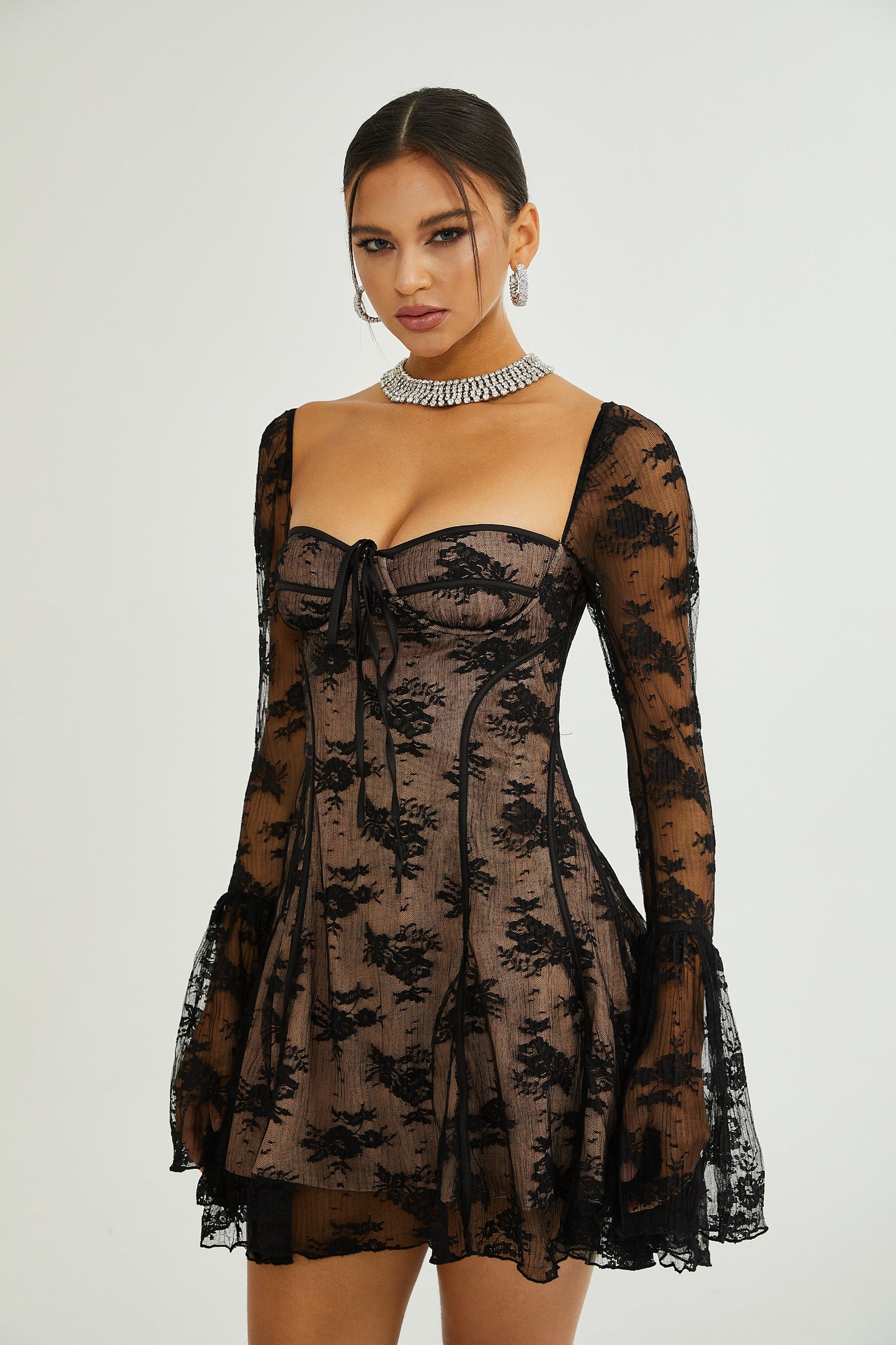 Cyrielle white flared-cuff long-sleeved dress (US Only)