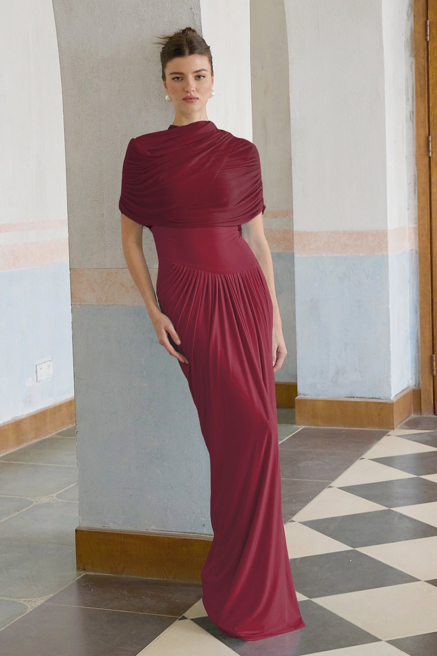 Catherine asymmetric pleated maxi dress in Red