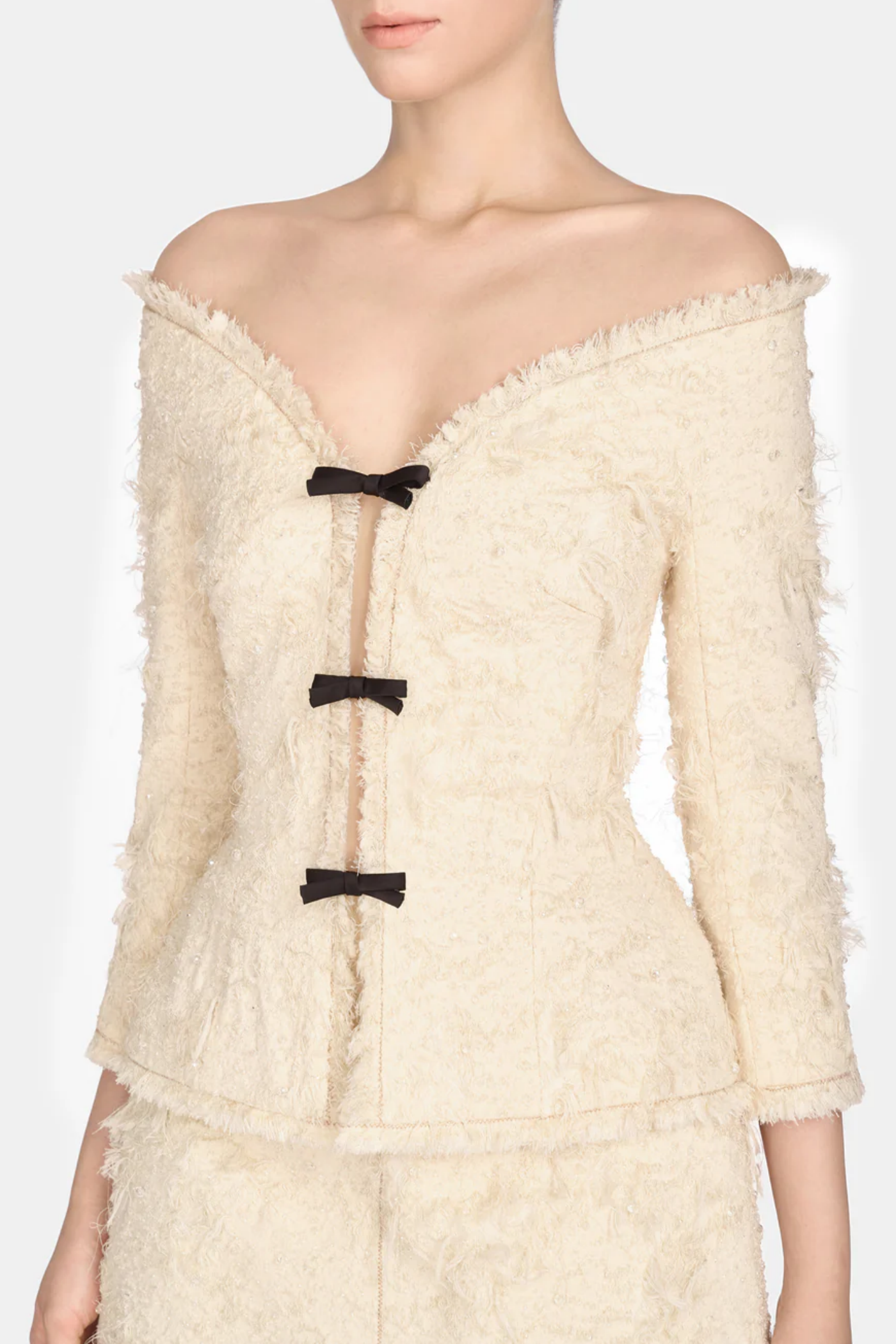 Arife Off Shoulder Bow Crystal Embellished Blazer Two Piece Set - Beige