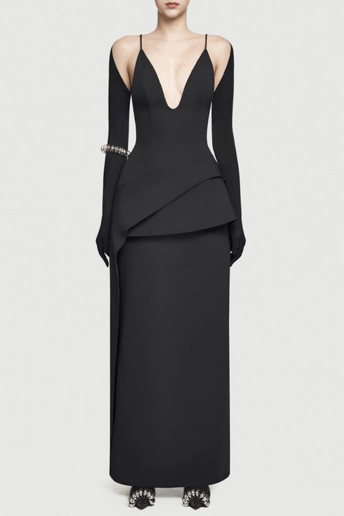 Chapera Asymmetrical Pleat Maxi Dress - Black