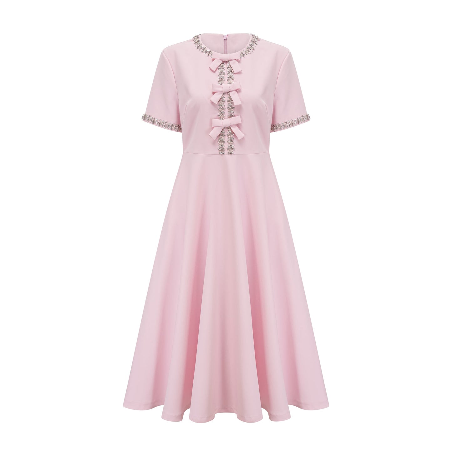 Cassiopeia crystal-accented pink bow midi dress