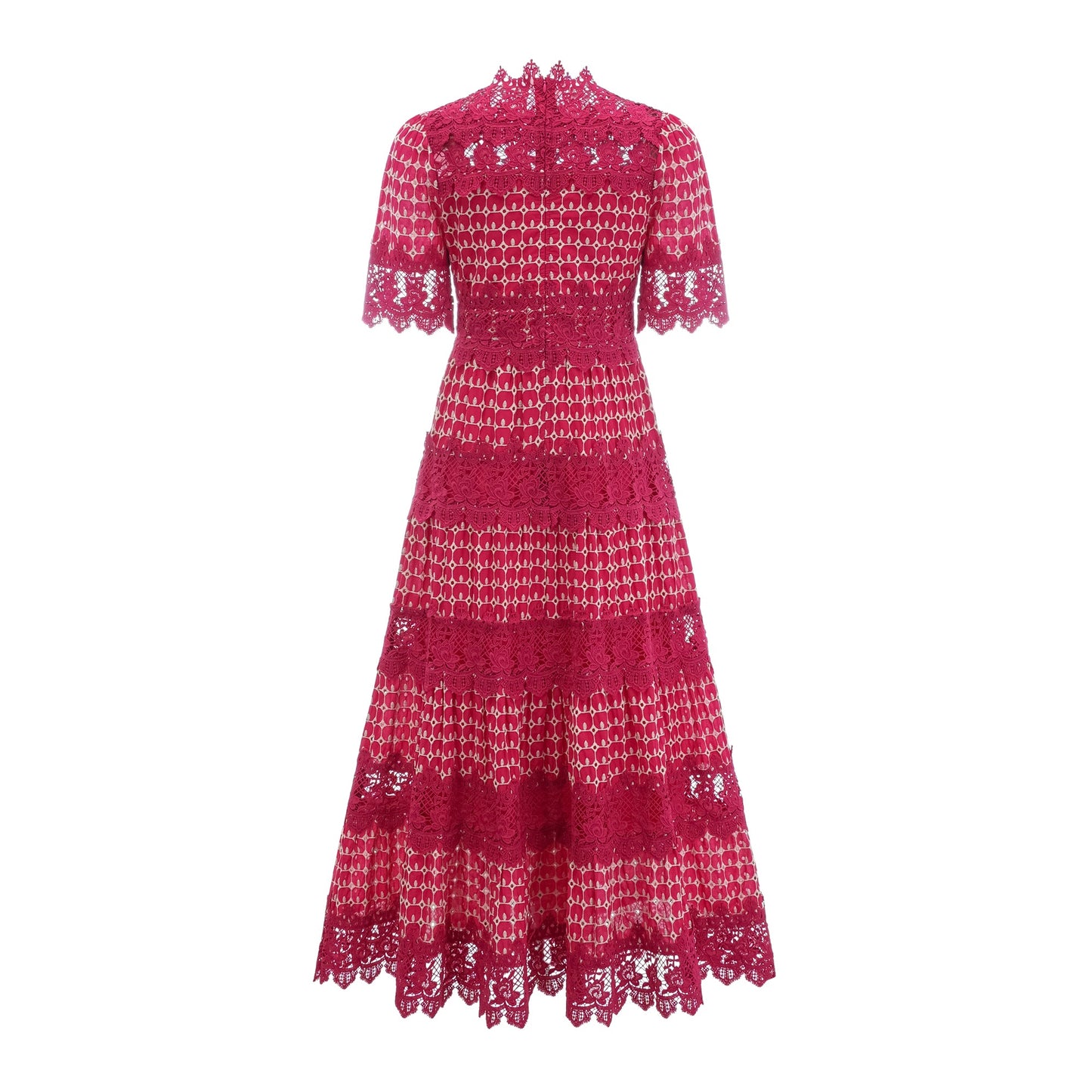 Chantal red scallop-pattern lace-panel maxi dress
