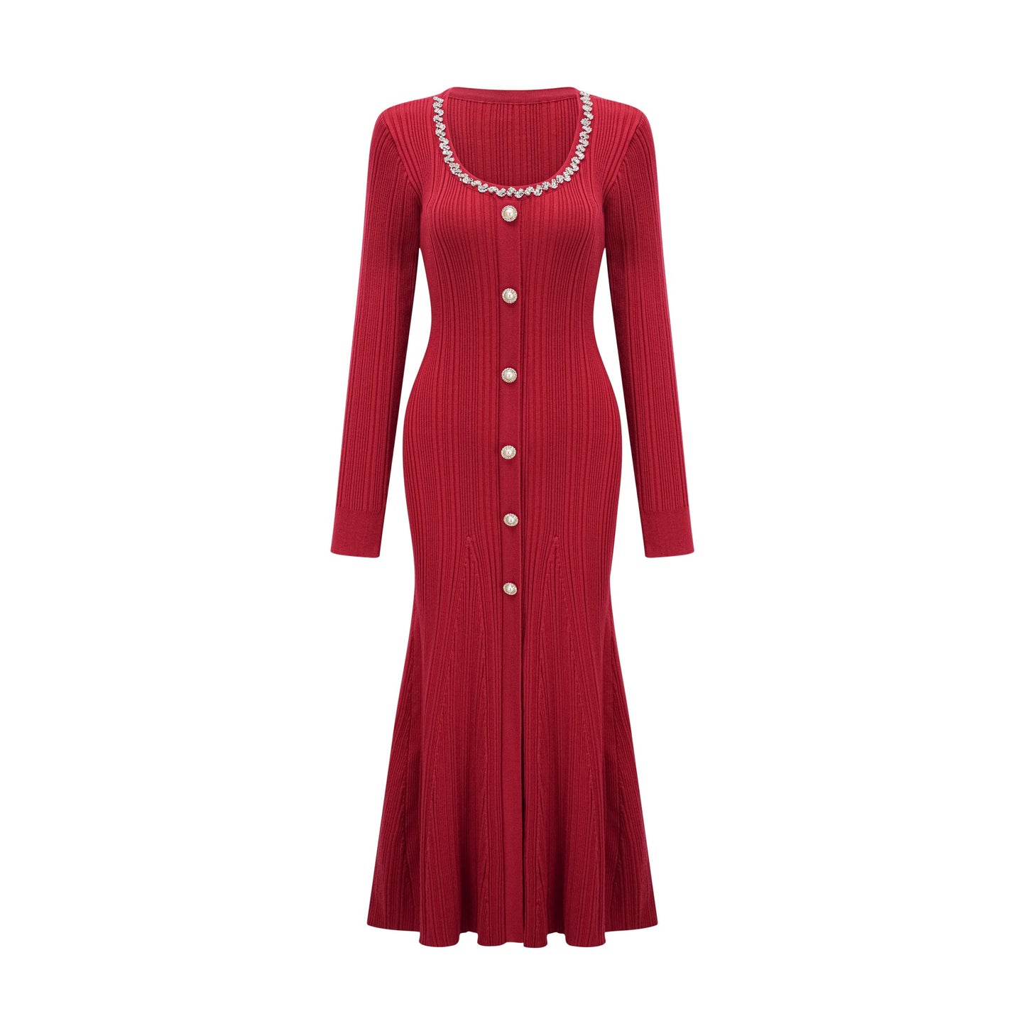 Anaxarete red embellished knitted midi dress