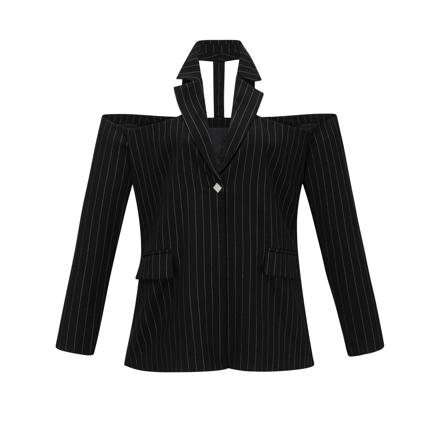 Stefania black striped open-back blazer