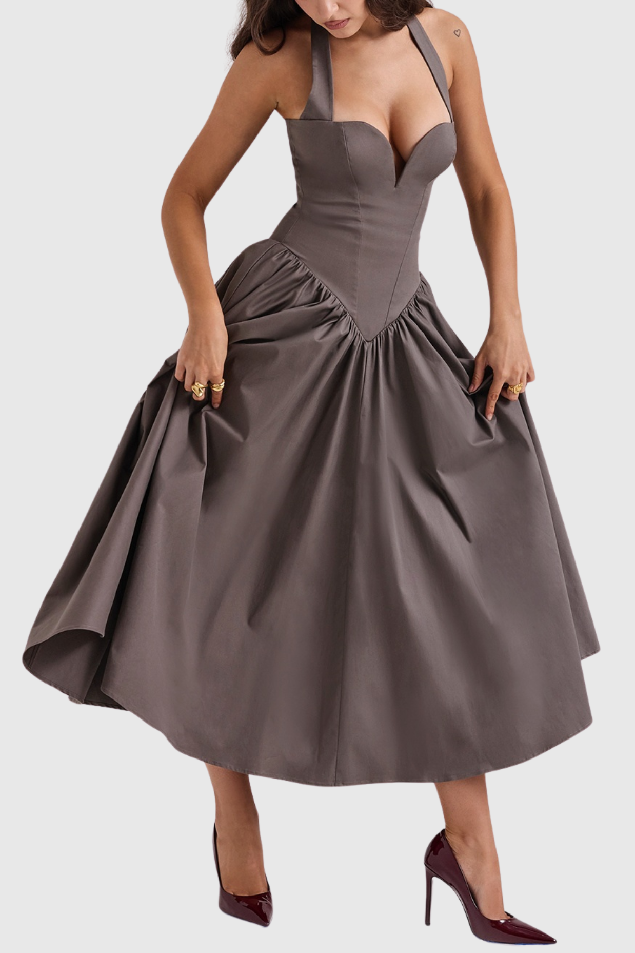 Ebrill Halter V-neck Ruched Midi Dress - Grey