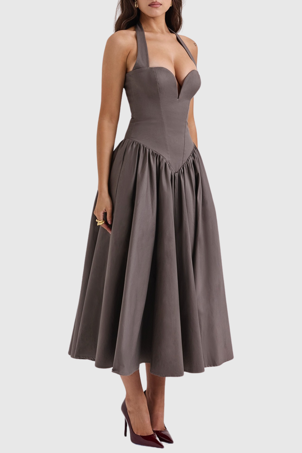Ebrill Halter V-neck Ruched Midi Dress - Grey