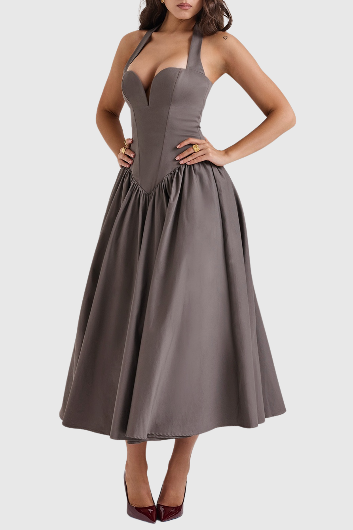 Ebrill Halter V-neck Ruched Midi Dress - Grey
