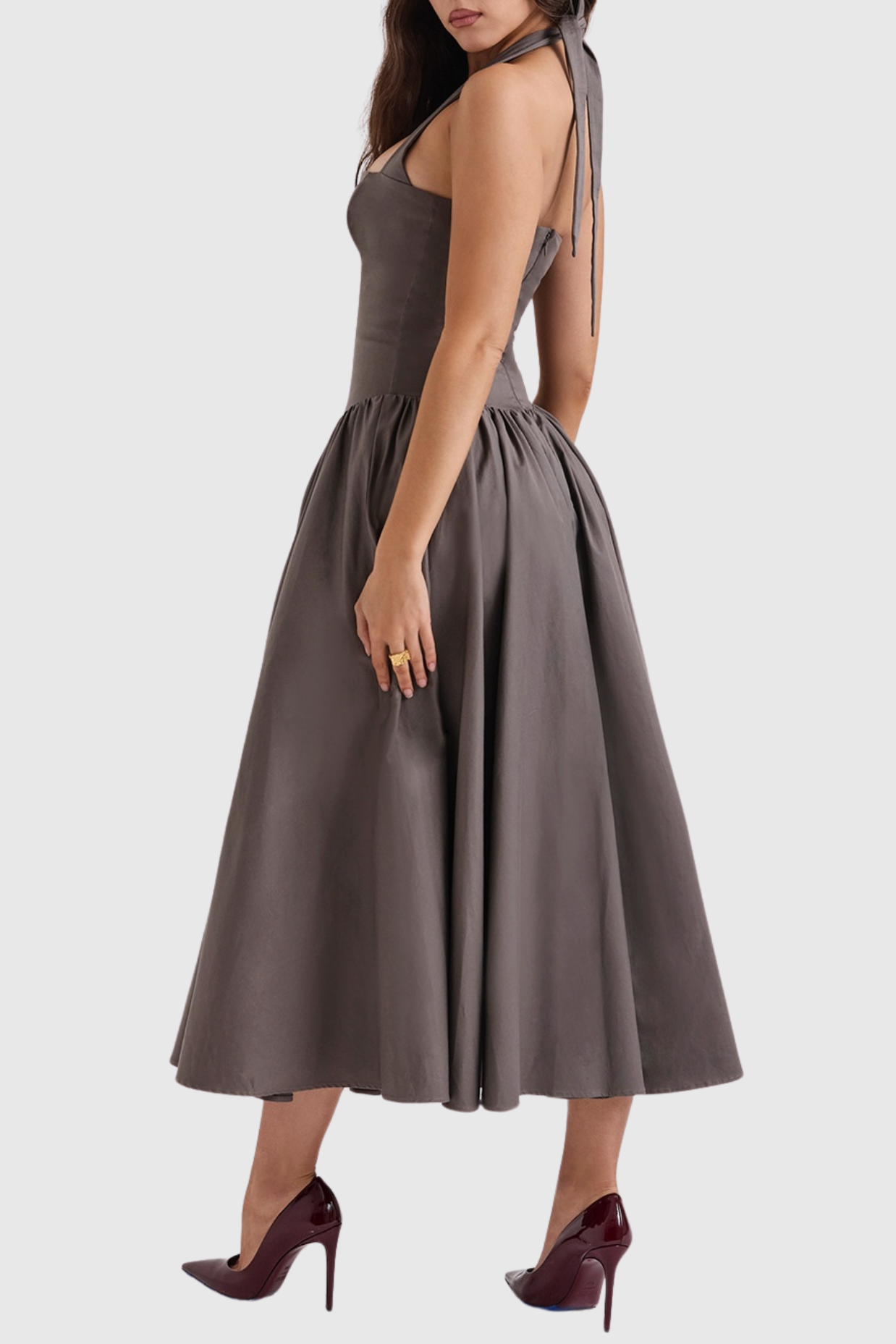 Ebrill Halter V-neck Ruched Midi Dress - Grey