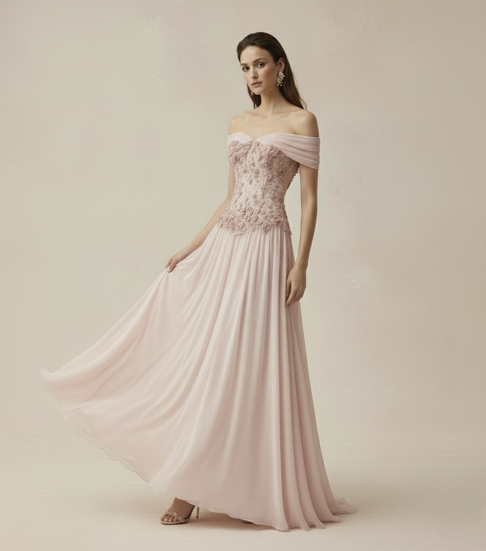 Floral Beaded Off-Shoulder Maxi Dress