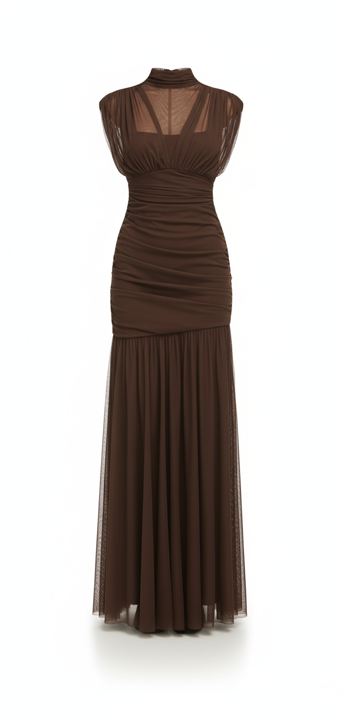 Sheer Turtleneck Mesh Maxi Gown