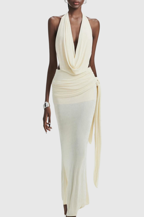 Grisha Halter Draped Backless Maxi Dress - Beige