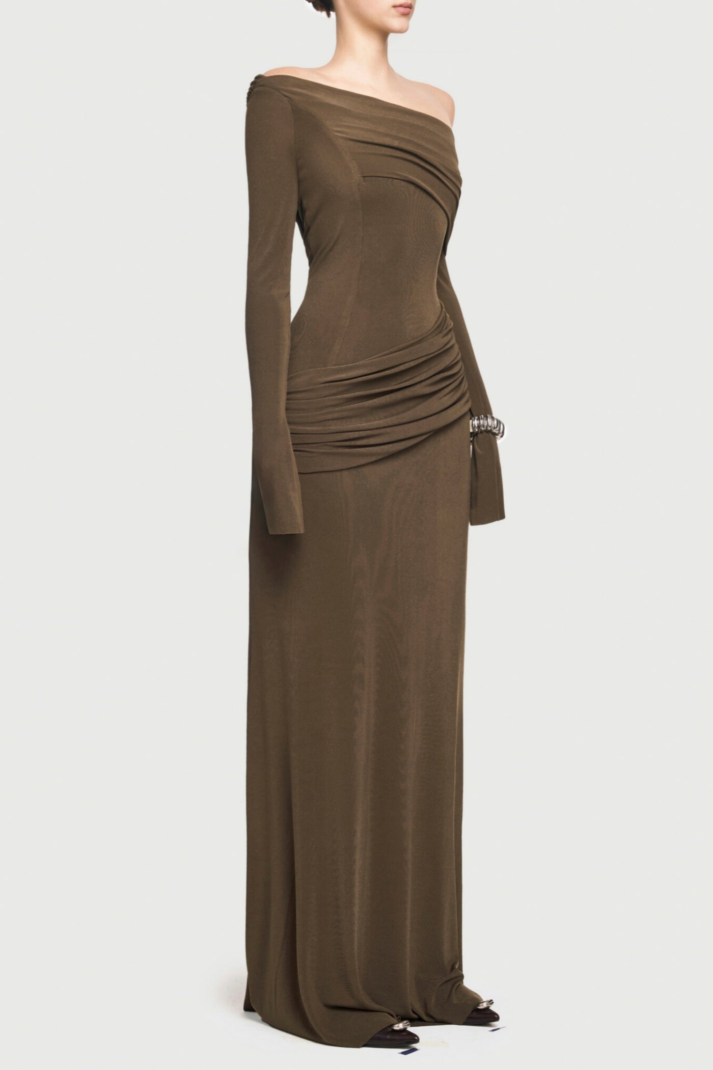 Gunnar Off Shoulder Asymmetric Ruched Maxi Dress - Brown