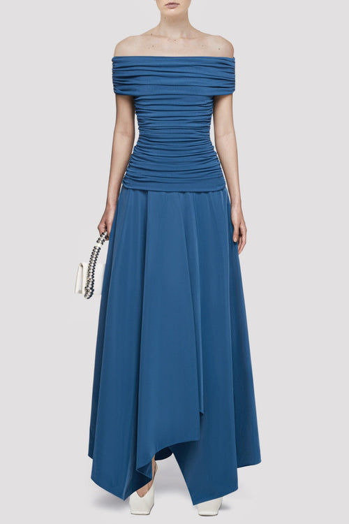 Harsian Off Shoulder Draped Maxi Dress - Blue