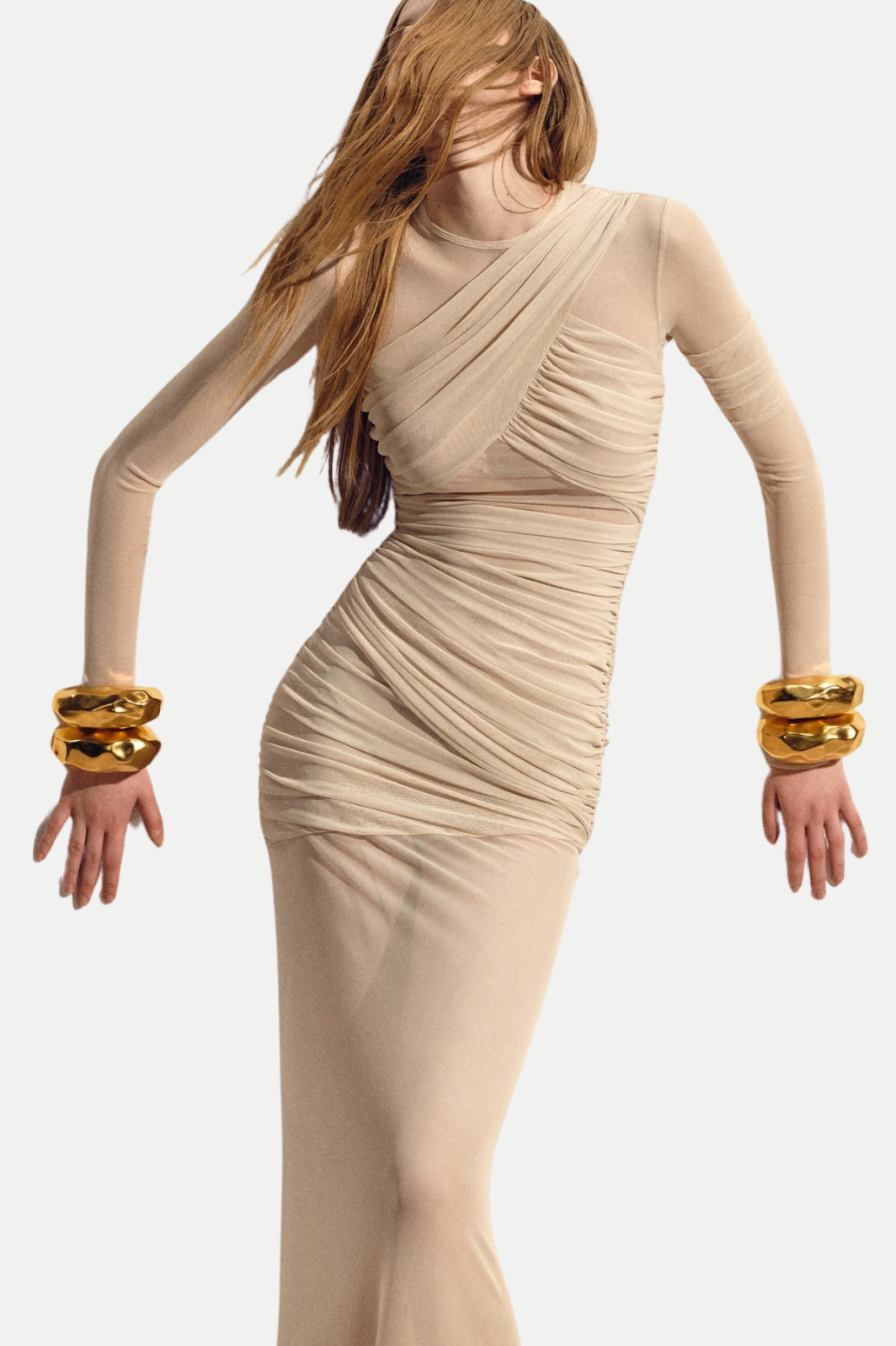 Jolleen Ruched Mesh Maxi Dress - Beige