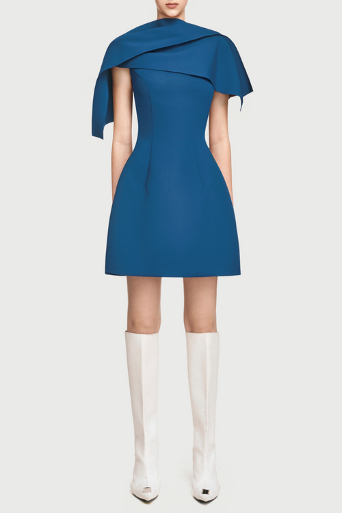 Lachet Asymmetrical Shoulder Pleat Mini Dress - Blue
