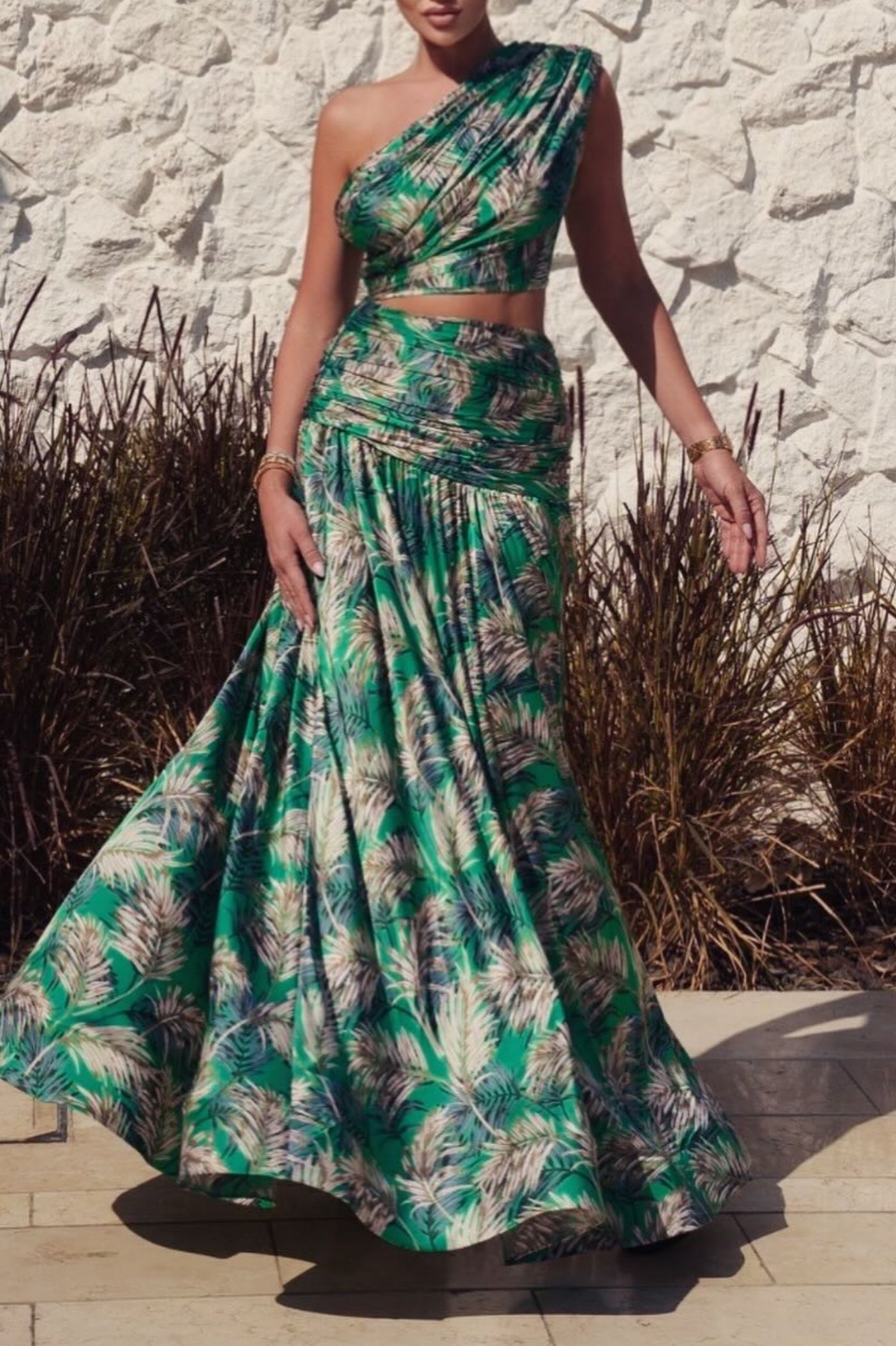 Linzie One Shoulder Leave Print Two Piece Set