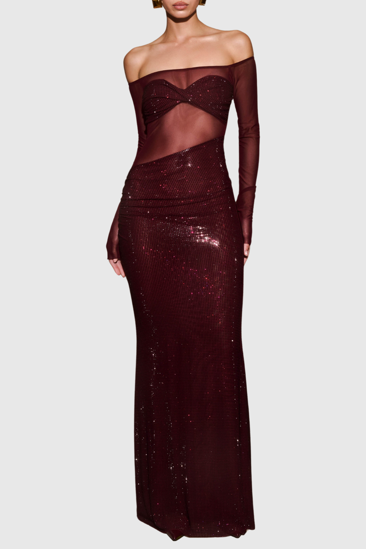 Natane Off Shoulder Crystal Embeliished Maxi Dress - Wine