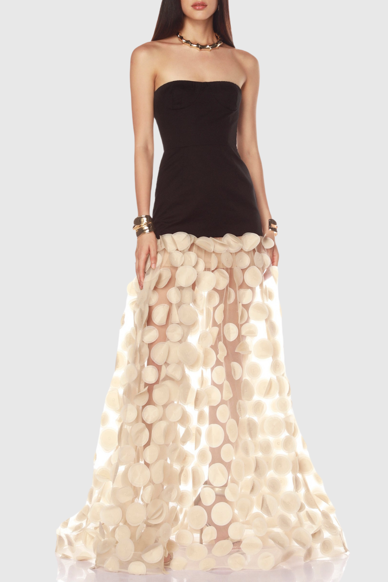 Nodin Strapless Dot Mesh Maxi Dress - Beige