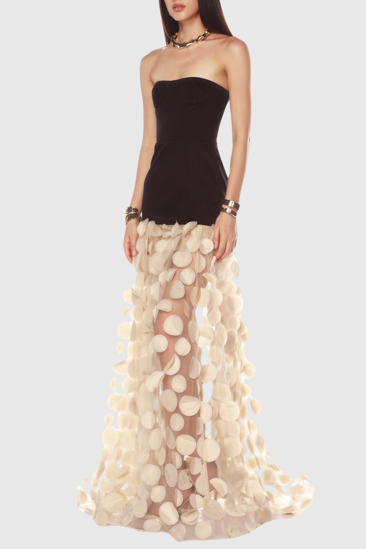 Nodin Strapless Dot Mesh Maxi Dress - Beige