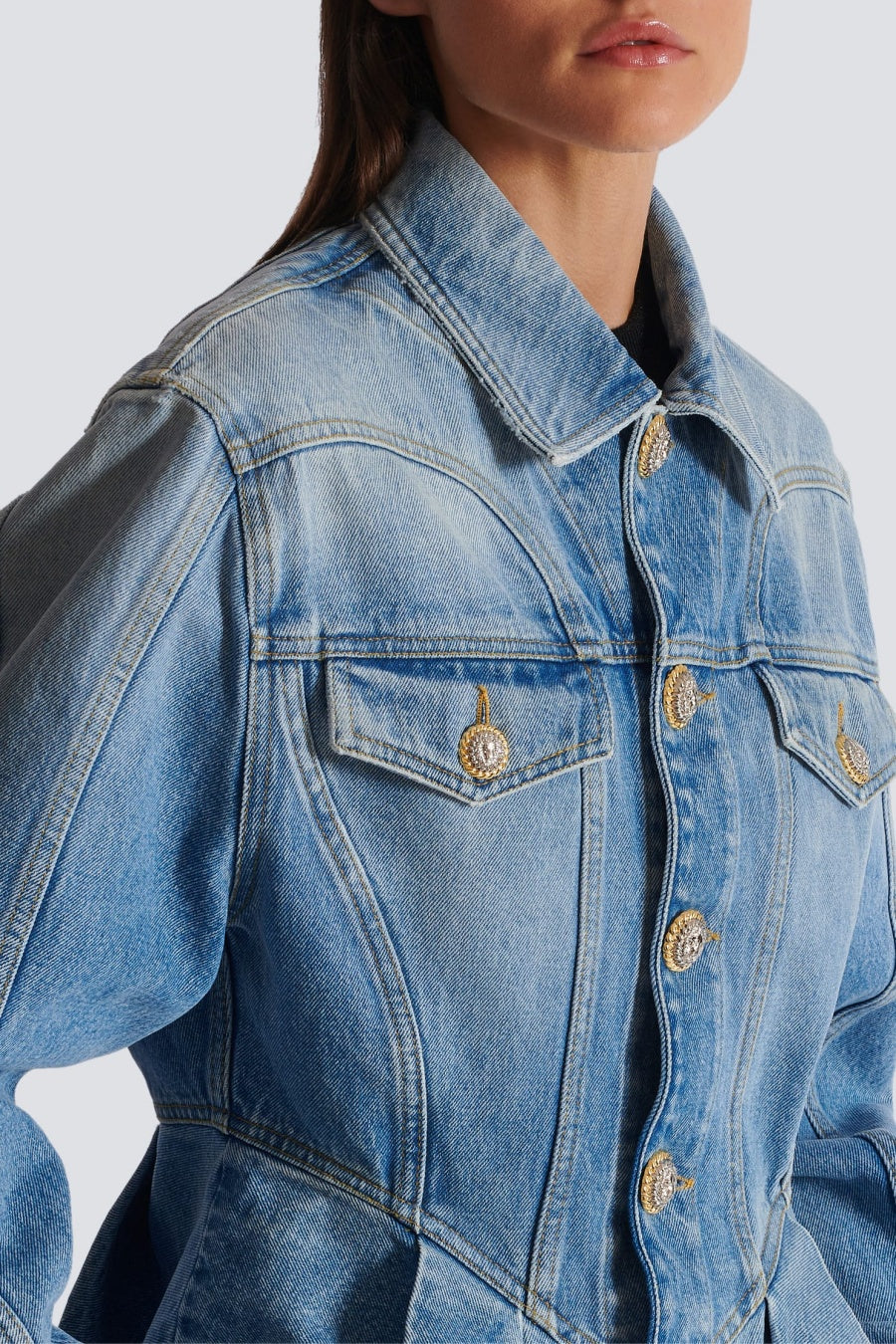 Ogana Gold Buttoned Pleated Denim Jacket
