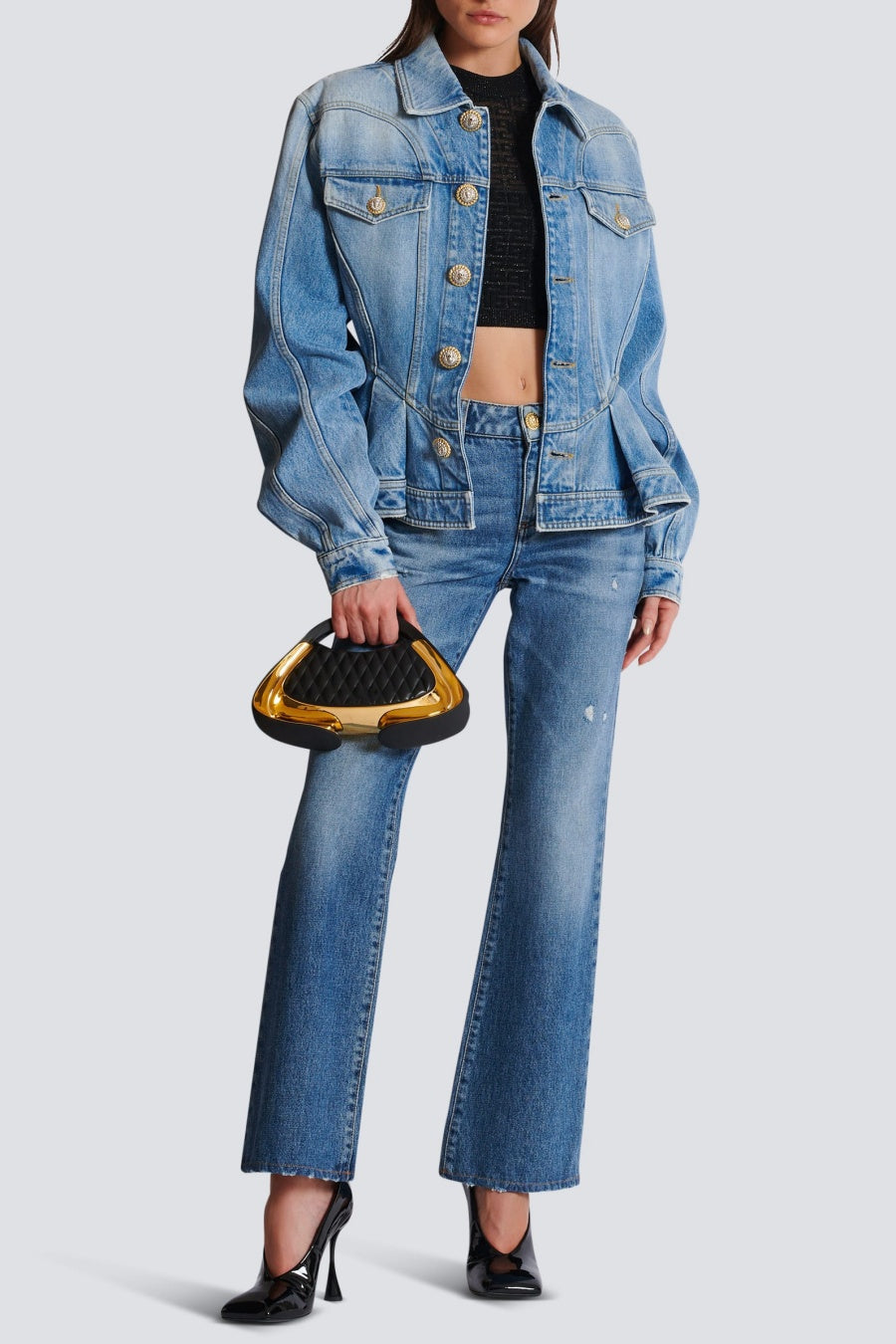 Ogana Gold Buttoned Pleated Denim Jacket